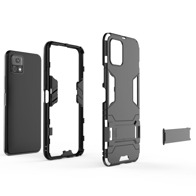Black rugged shockproof phone case with holder, separated frame and camera cutouts