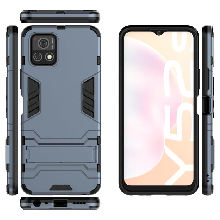 Navy blue rugged shockproof phone case with holder, phone front and rear shown