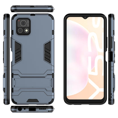Navy blue rugged shockproof phone case with holder, phone front and rear shown