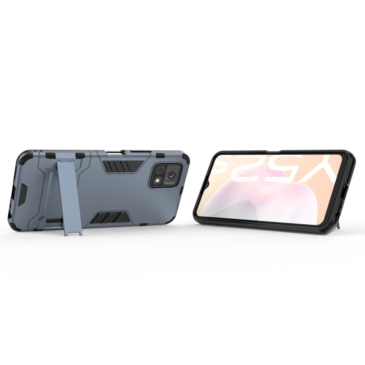 Navy blue rugged shockproof phone case with holder, back view and front display