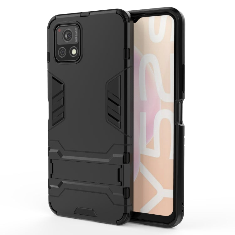 Black rugged shockproof phone case with holder, phone back and front display shown