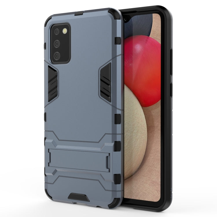 Navy blue rugged shockproof phone case with holder, front edge protection.