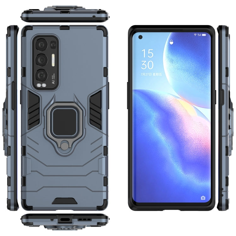 Shockproof phone case with magnetic ring holder, gray-blue front and back view