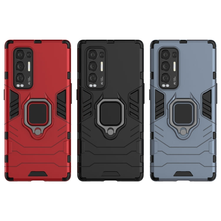Shockproof phone cases with magnetic ring holder in red, black, and light gray-blue