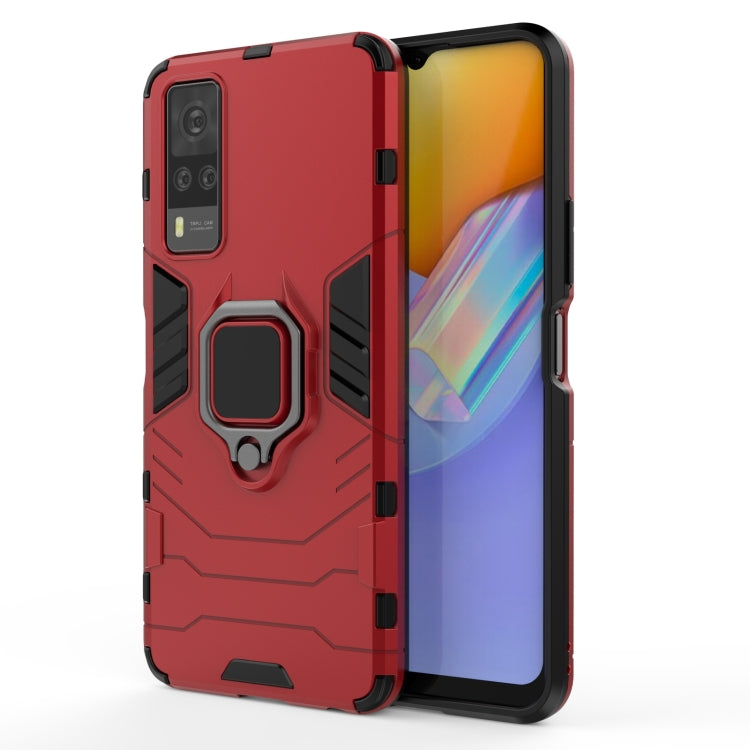 Rugged red phone case with magnetic ring holder and shockproof bumper design