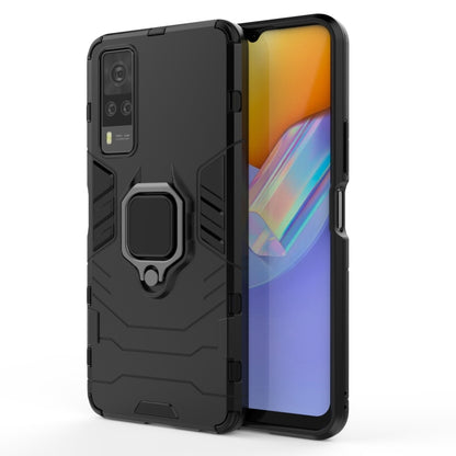 Rugged black phone case with magnetic ring holder and shockproof bumper design