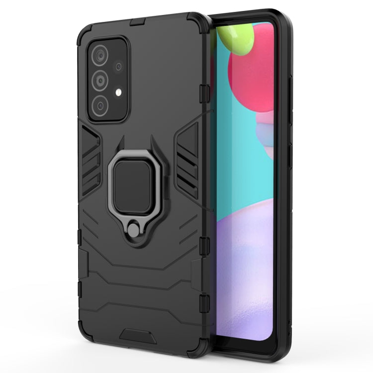 Rugged black phone case with magnetic ring holder and shockproof bumper design