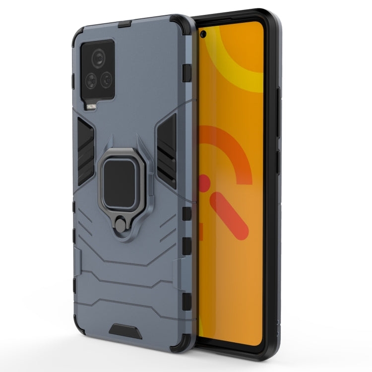 Rugged gray-blue phone case with magnetic ring holder and shockproof bumper design