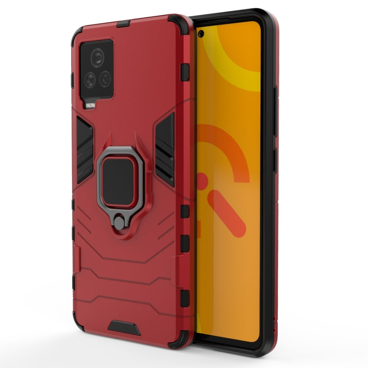 Rugged red phone case with magnetic ring holder and shockproof bumper design
