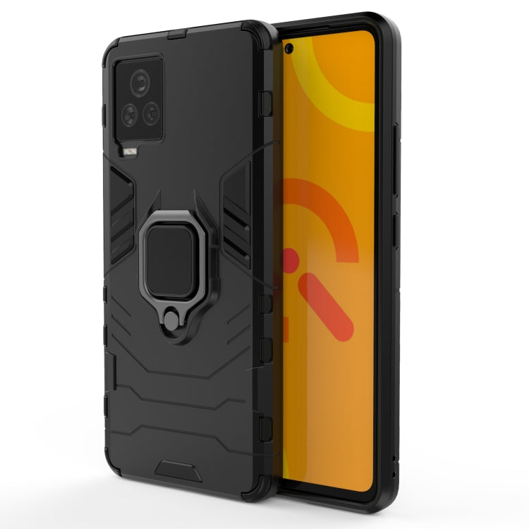 Rugged black phone case with magnetic ring holder and shockproof bumper design