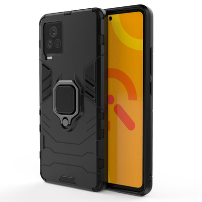 Rugged black phone case with magnetic ring holder and shockproof bumper design