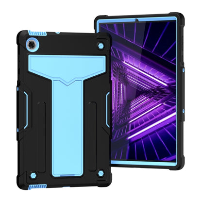 Black shockproof tablet case with light blue T-style bumper and kickstand