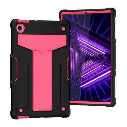 Black shockproof tablet case with rose red T-style panel and kickstand