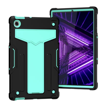 Black shockproof tablet case with mint green T-style panel and kickstand