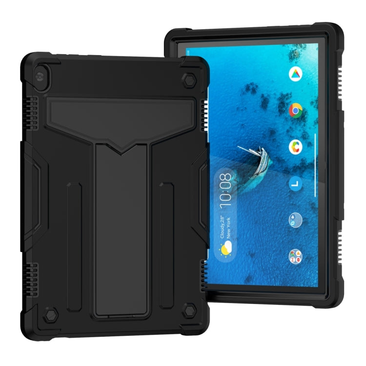 Black shockproof tablet case with light blue bumper and camera cutout