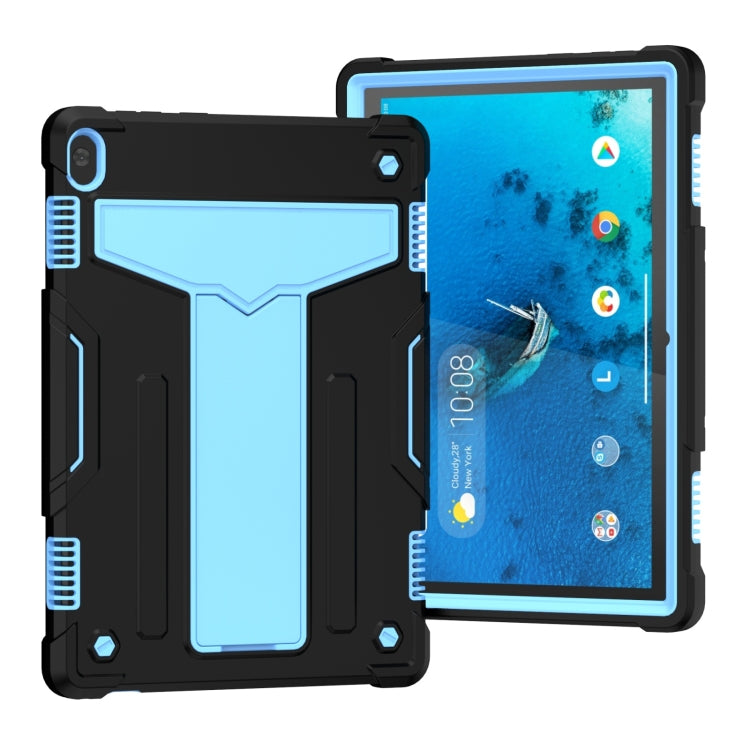 Black shockproof tablet case with light blue T-style panel and kickstand