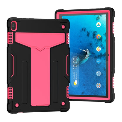Black shockproof tablet case with pink T-style panel and kickstand