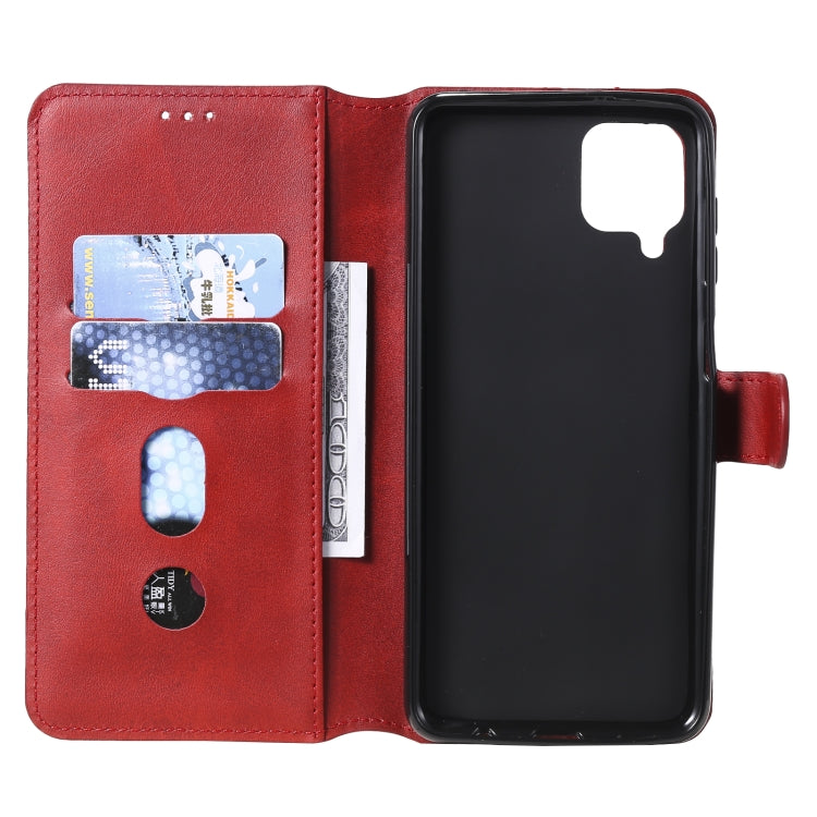 Red flip wallet phone case with card slots, side pocket, and magnetic closure tab