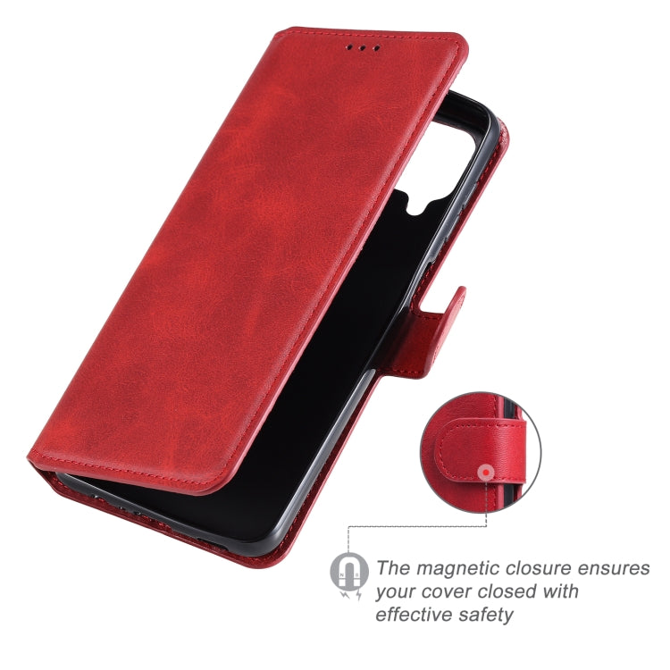 Red flip wallet phone case with cover closed, top speaker holes, and strap detail