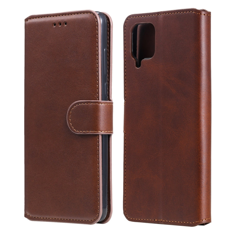 Brown flip leather phone case with holder strap and camera cutout on back panel