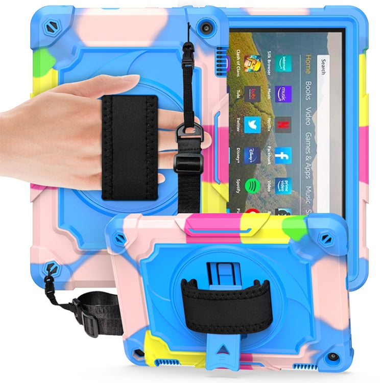 Kids rugged tablet protective case with blue pastel shell, kickstand and hand strap