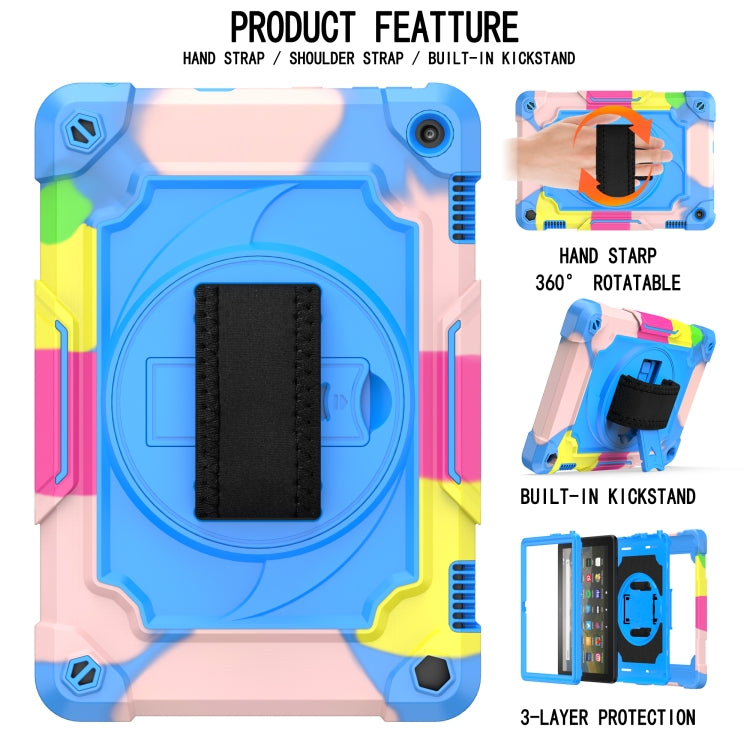 Kids rugged tablet case with blue pastel shell, black strap loop and built-in kickstand