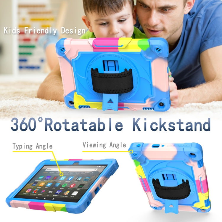 Rugged kids tablet case with 360° kickstand, blue pastel shell and black handle strap