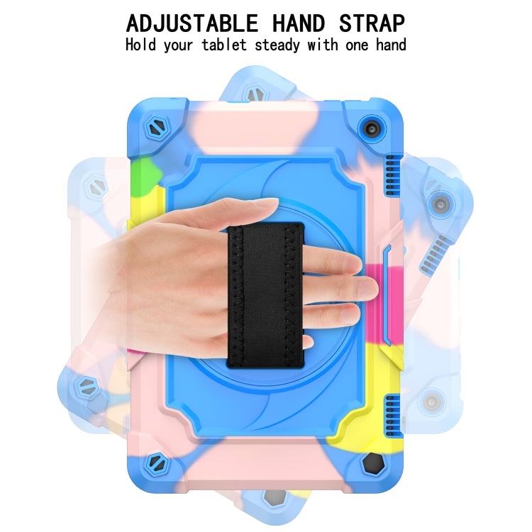 Rugged tablet protective case with adjustable hand strap, blue pastel shell and kickstand