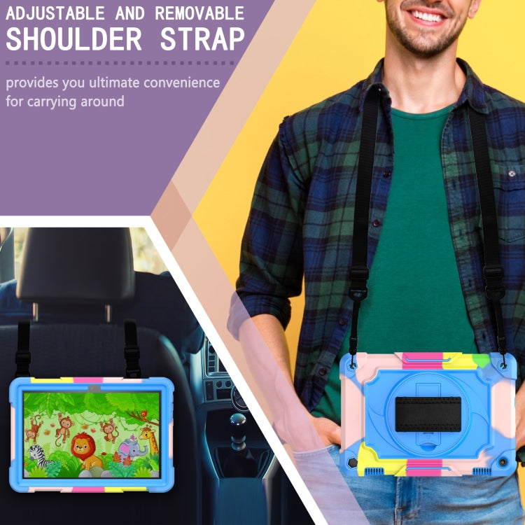 Kids rugged tablet case with removable shoulder strap, blue pastel shell and kickstand