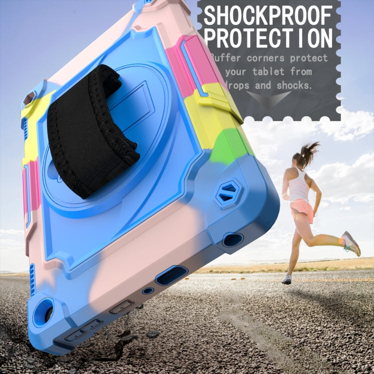 Shockproof rugged tablet case with black strap, blue pastel shell and built-in kickstand
