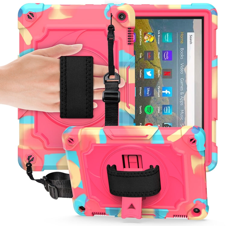 Rugged tablet protective case with pink and blue pastel shell, hand strap and kickstand
