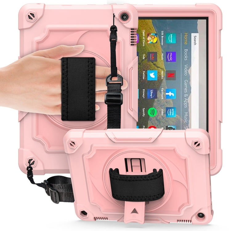 Kids protective tablet case with kickstand and shoulder strap, light pink with viewing window.