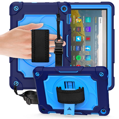 Kids protective tablet case with kickstand and shoulder strap, navy blue with screen and ports.