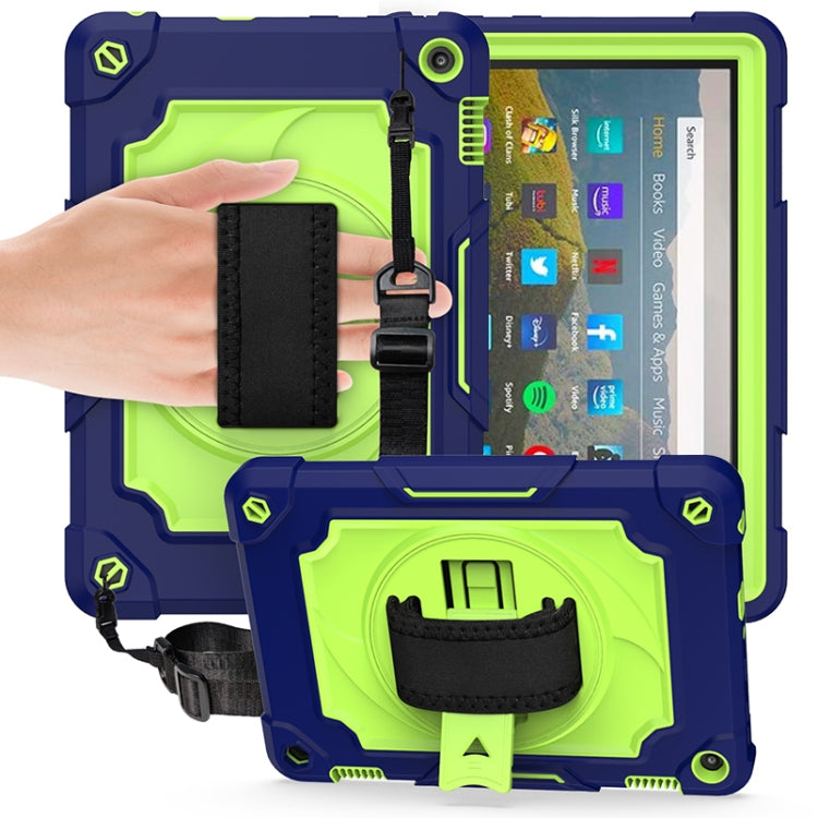 Protective tablet case in navy and neon green, with black strap and stand cradle