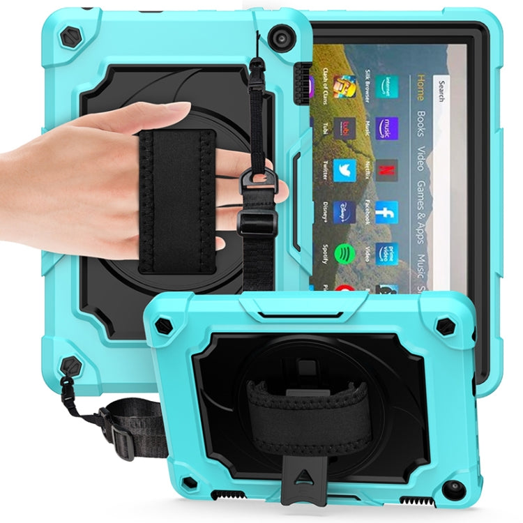 Protective tablet case with light blue shockproof shell, black strap, and kickstand