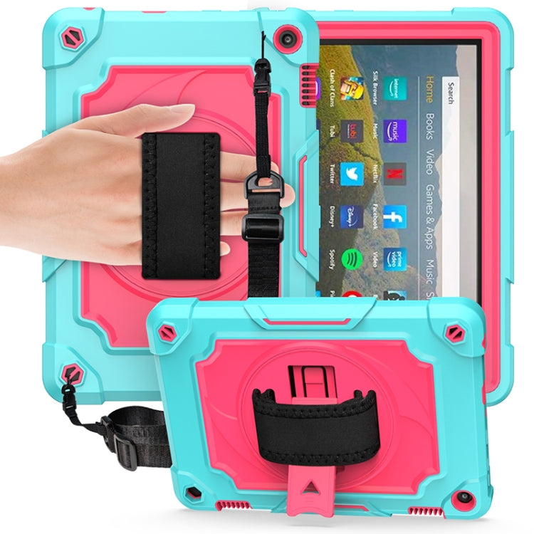 Turquoise and pink protective tablet case with black hand strap and kickstand holder