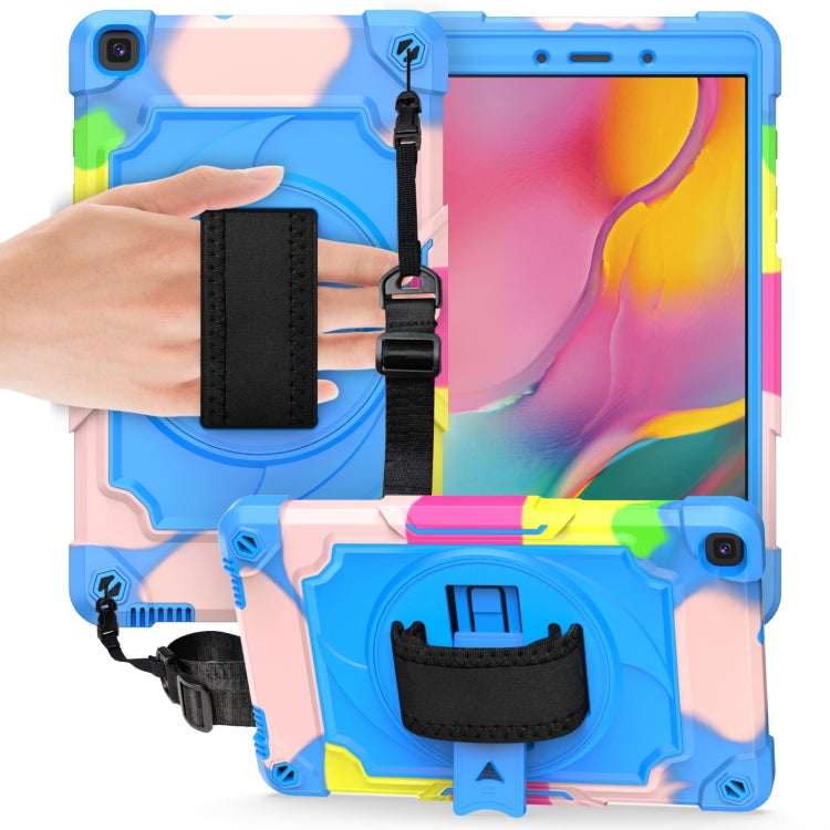 Kids rugged tablet case with blue pastel shell, hand strap and built-in kickstand stand