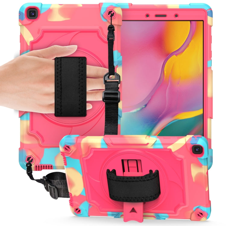 Kids protective tablet case with kickstand, shoulder strap, and black handle pocket, pink/blue.