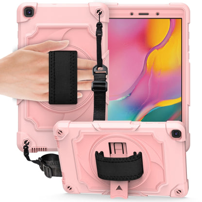 Kids protective tablet case with kickstand and shoulder strap, light pink with screen window.