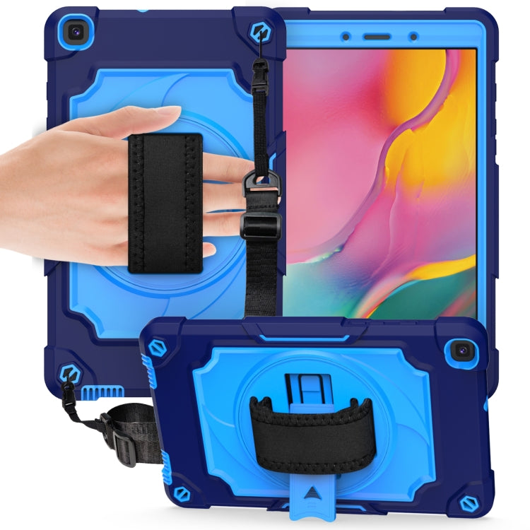 Kids protective tablet case with kickstand and shoulder strap, navy blue with colorful screen.