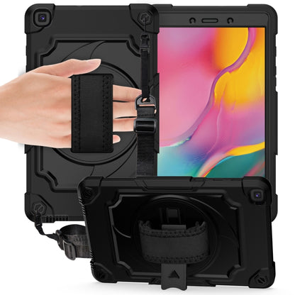 Black rugged tablet protective case with strap handle and rotating kickstand