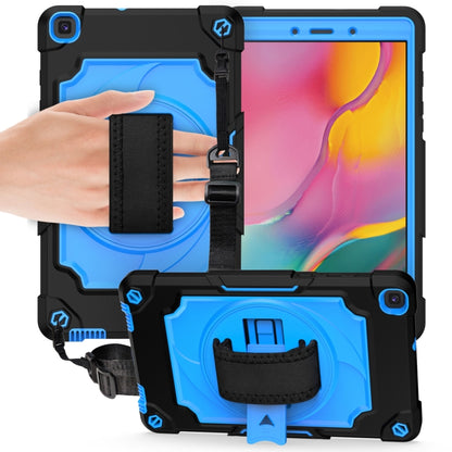 Protective tablet case with blue shockproof shell, black hand strap, and kickstand