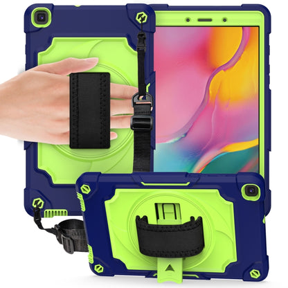 Protective tablet case with lime green shockproof shell, black strap, and kickstand