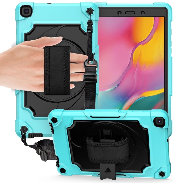 Protective tablet case with light blue shell, black strap holder, and kickstand
