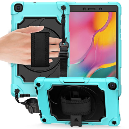 Protective tablet case with light blue shell, black strap holder, and kickstand