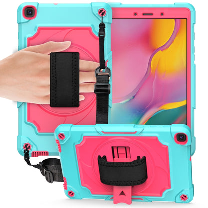 Turquoise and pink tablet case with black hand strap and built-in kickstand