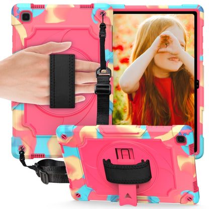 Kids protective tablet case with kickstand and shoulder strap, pink/blue with viewing window.