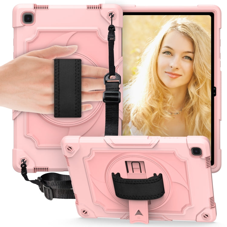 Kids protective tablet case with kickstand and shoulder strap, light pink with blonde portrait screen.