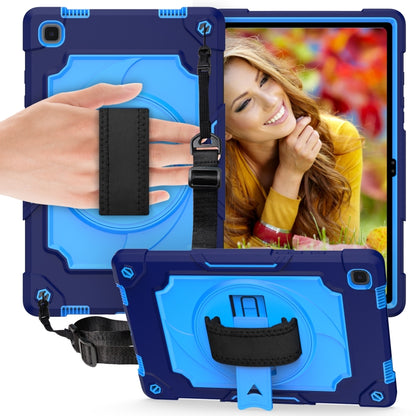 Kids protective tablet case with kickstand and shoulder strap, navy blue with smiling portrait screen.