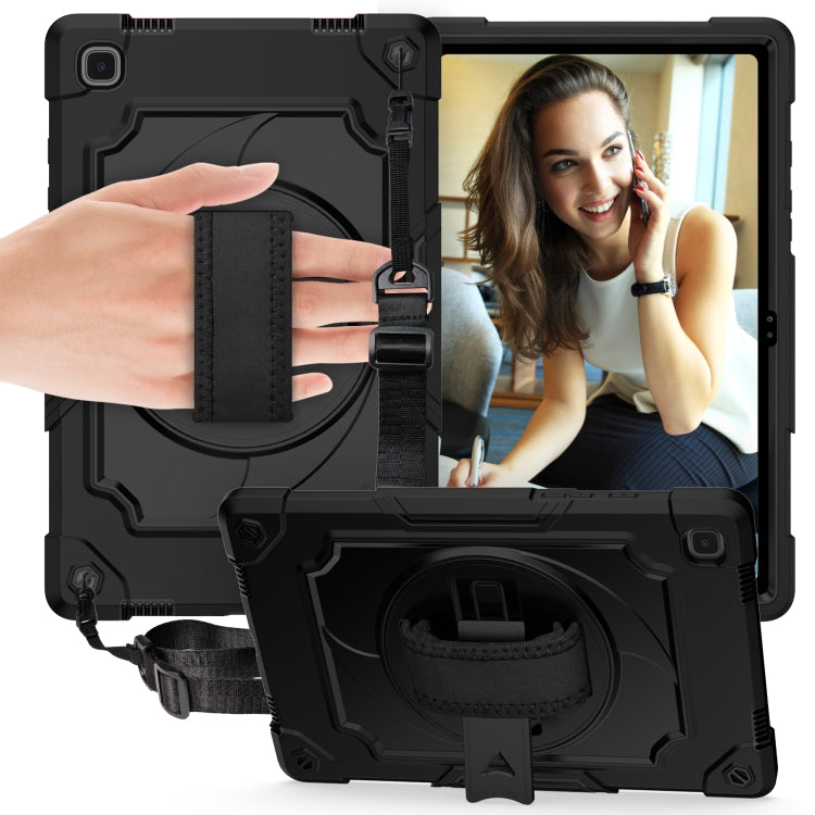 Black rugged tablet case with hand strap, kickstand, and device window